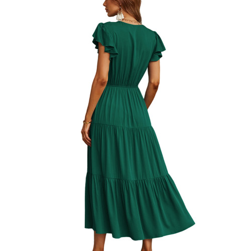 Dark Green Ruffled Sleeves V-neck Drawstring Waist Casual Dress  TQK311063-36