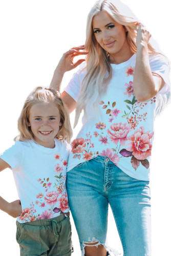 White Mother and Me Floral Print Short Sleeve Girl's T Shirt TZ251584-1