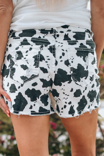 White Cow Spots Print Frayed Denim Shorts LC787526-1