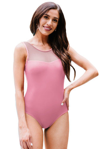 Pink Strappy Hollow-out Back Mesh One-piece Swimwear LC442741-10