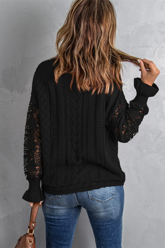 Black Crochet Lace Pointelle Knit Sweater LC2721105-2