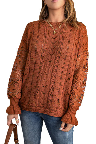 Brown Crochet Lace Pointelle Knit Sweater LC2721105-17