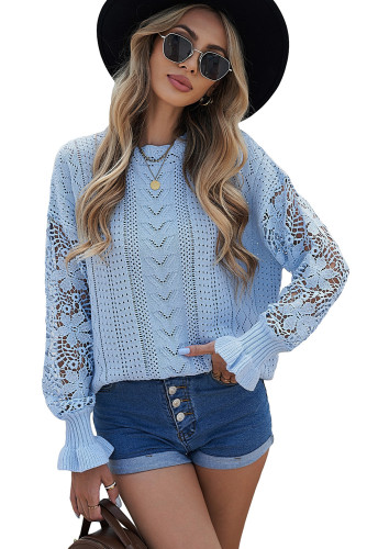 Sky Blue Crochet Lace Pointelle Knit Sweater LC2721105-4
