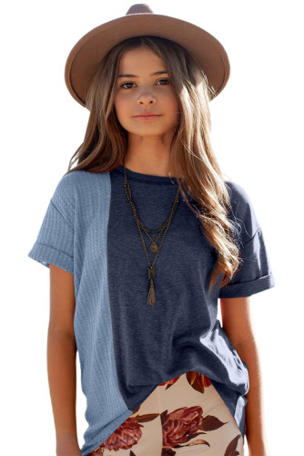 Blue Girls Patchwork Short Sleeve Waffle Knit Top TZ251059-5
