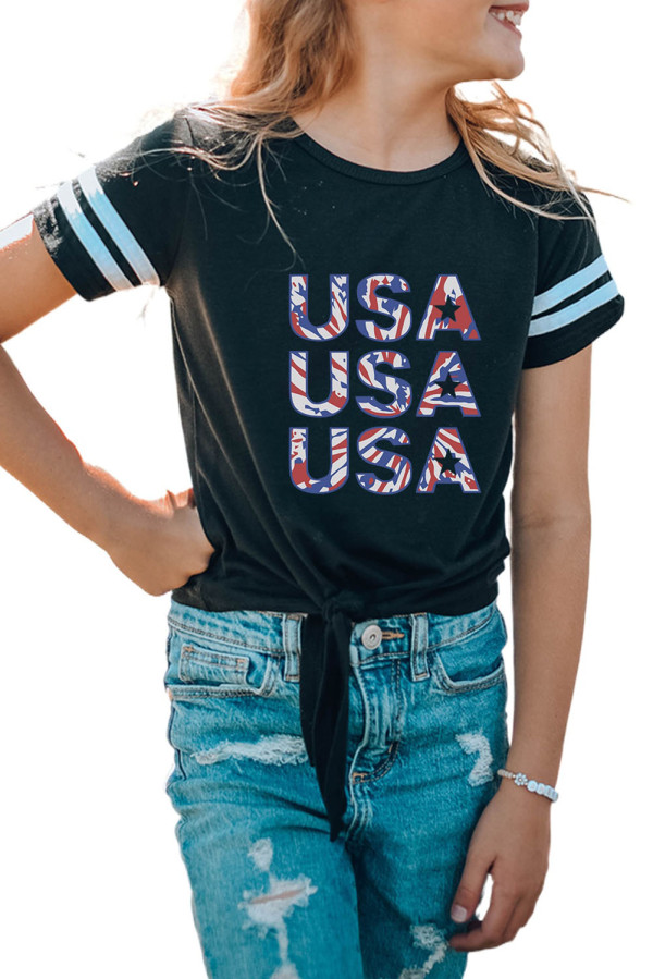 Black Mother and Me USA Pattern Printed Short Sleeve Girl's T Shirt TZ25931-2