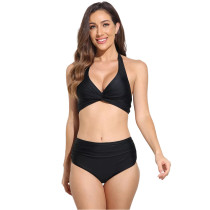 Black Solid Front Twist Halter Bikini Swimsuit TQK610321-2