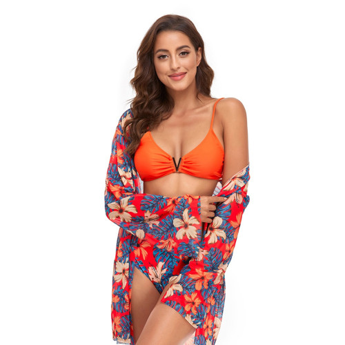 Orange Floral Print Mesh Beach Cover with Bikini 3pcs Set TQK610322-14