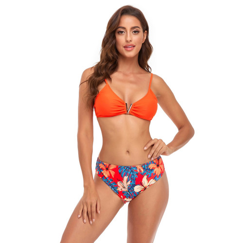 Orange Floral Print Mesh Beach Cover with Bikini 3pcs Set TQK610322-14