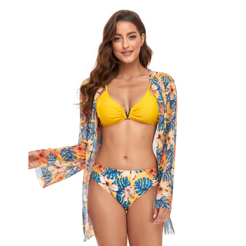 Yellow Floral Print Mesh Beach Cover with Bikini 3pcs Set TQK610322-7
