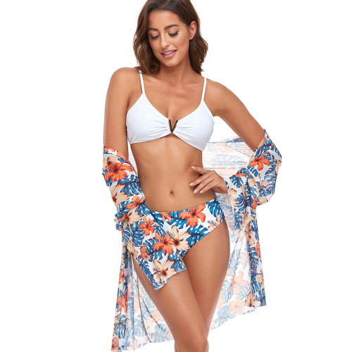 Blue Floral Print Mesh Beach Cover with Bikini 3pcs Set TQK610322-5