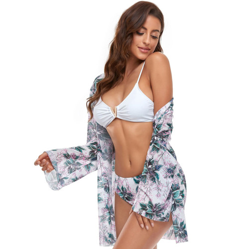 Green Floral Print Mesh Beach Cover with Bikini 3pcs Set TQK610322-9