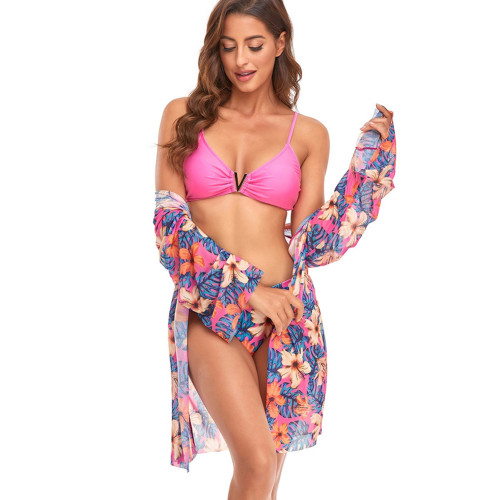 Pink Floral Print Mesh Beach Cover with Bikini 3pcs Set TQK610322-10
