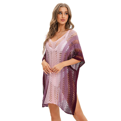 Pink Knit Hollow-out Beach Cover Up TQK650117-10