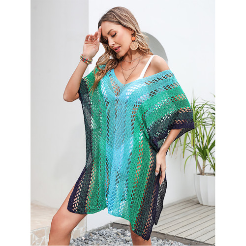 Blueish-green Knit Hollow-out Beach Cover Up TQK650117-45