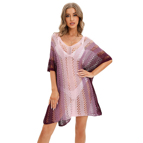 Pink Knit Hollow-out Beach Cover Up TQK650117-10