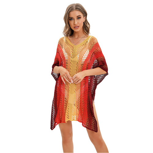 Orange Knit Hollow-out Beach Cover Up TQK650117-14