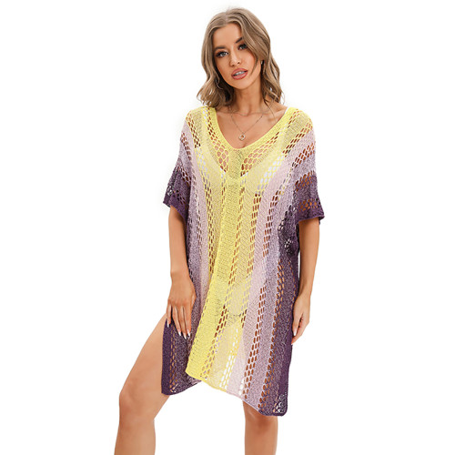 Yellow Knit Hollow-out Beach Cover Up TQK650117-7