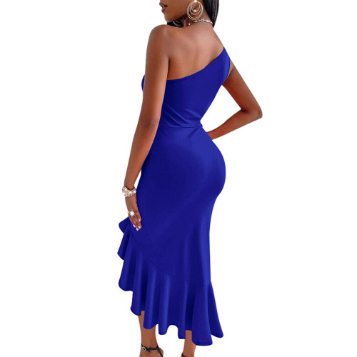 Blue Twist Ruffle Hem Mermaid One Shoulder Dress TQK311109-5