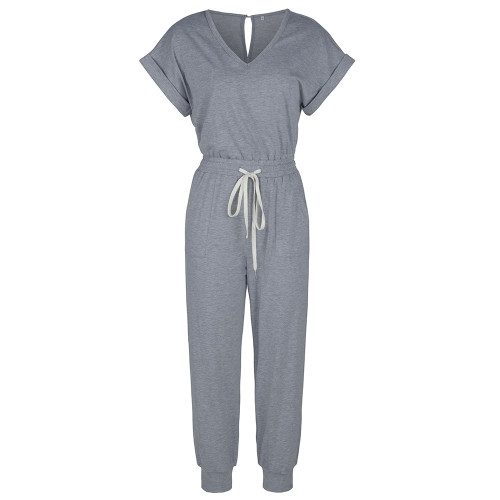 Gray V Neck Short Sleeve Casual Jumpsuit with Pockets TQK550301-11