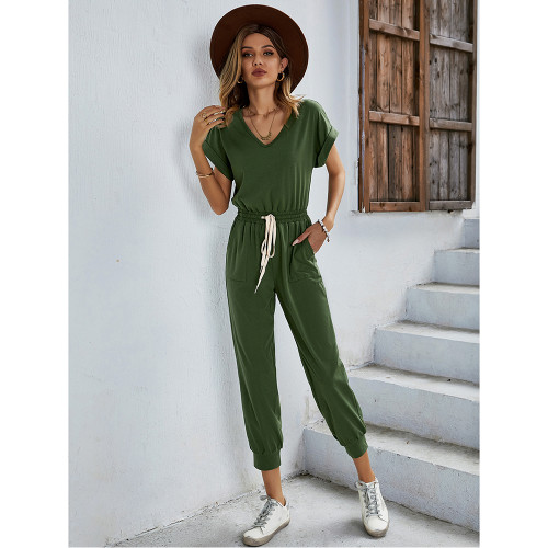 Green V Neck Short Sleeve Casual Jumpsuit with Pockets TQK550301-9