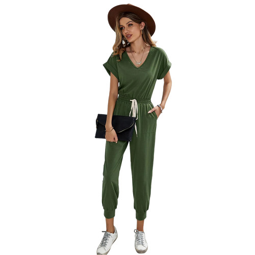 Green V Neck Short Sleeve Casual Jumpsuit with Pockets TQK550301-9