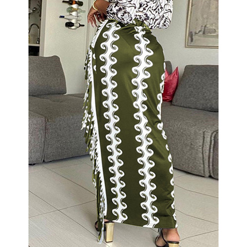 Green Printed Splicing Tassels Slim Fit Maxi Skirt TQV360023-9