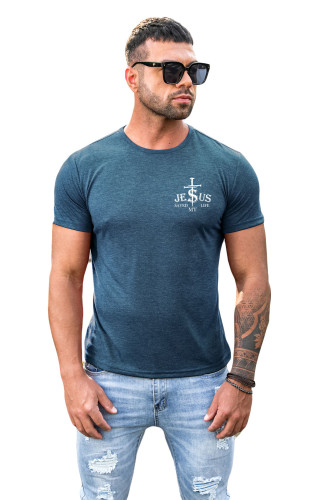 Blue JESUS Letter Cross Printed Muscle Fit Men's T Shirt MC2521974-5