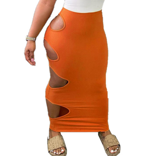 Orange Solid Side Holes Bodycon Maxi Skirt TQV360022-14