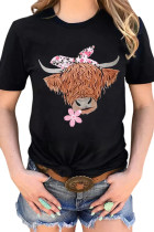 Black Western Floral Cow Head Graphic Print Short Sleeve T Shirt LC25217237-2