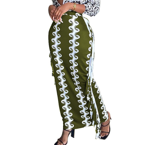 Green Printed Splicing Tassels Slim Fit Maxi Skirt TQV360023-9