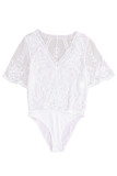 White Lace Sheer Short Sleeve V Neck Bodysuit LC6421028-1