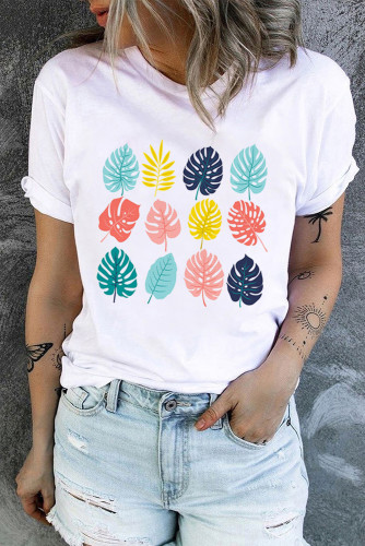 White Tropical Palm Leaves Print Crew Neck Graphic T Shirt LC25217529-1