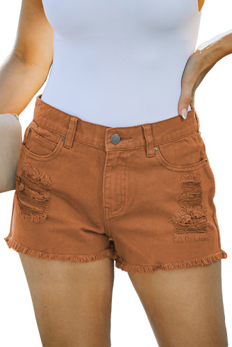 Orange Distressed Tasseled Denim Shorts LC7831003-14