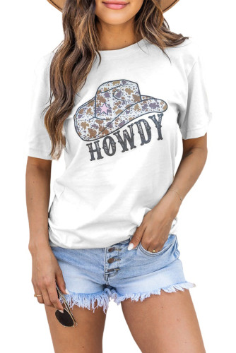 White HOWDY Cowboy Hat Graphic Print Crew Neck T Shirt LC25217385-1