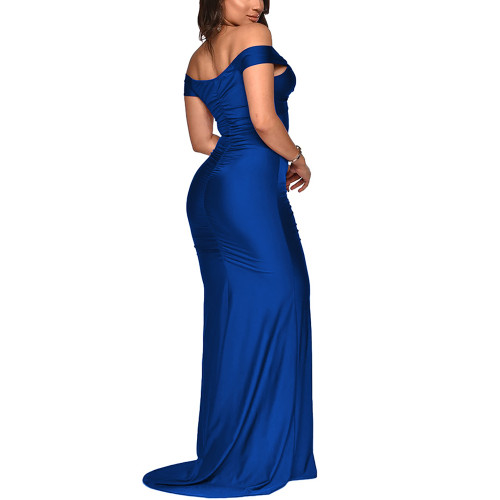 Blue Off Shoulder Pleated Split Maxi Dress TQK310902-5