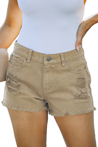Khaki Distressed Tasseled Denim Shorts LC7831003-16