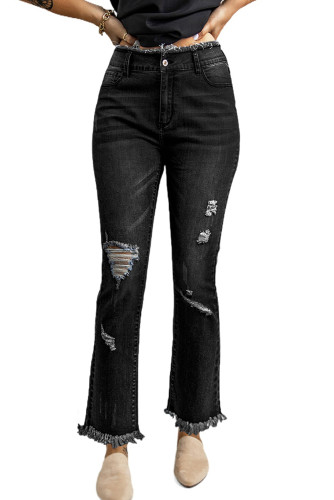 Black Frayed Ripped High Waist Flare Jeans LC783830-2