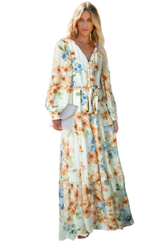 Green Puff Sleeves Empire Waist Floral Print Maxi Dress LC6110557-9