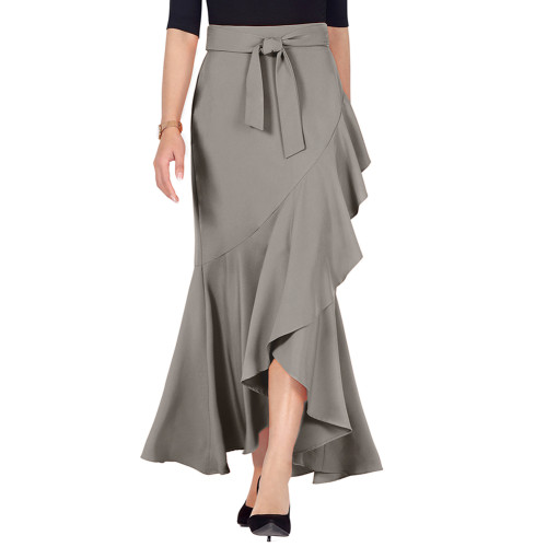 Dark Gray Tie Waist Ruffle Hem Mermaid Skirt TQV360024-26