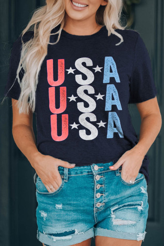 Blue USA Star Print Slim Fit Crew Neck T Shirt LC25217404-5
