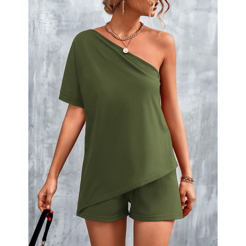 Army Green One Shoulder Top with Shorts Lounge Set TQV810005-27