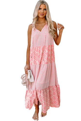 Pink Abstract Print Split Neck Sleeveless Maxi Dress LC6110114-10
