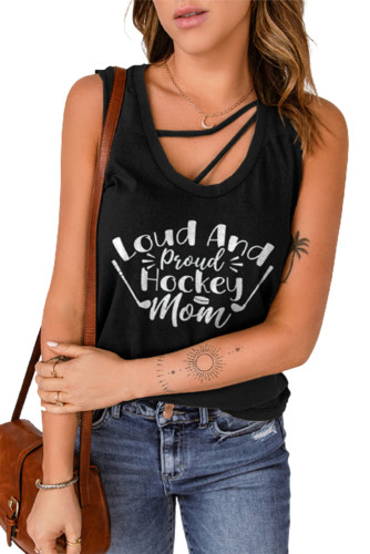Black Hockey Letter Graphic Print Strappy Graphic Tank Top LC2566655-2