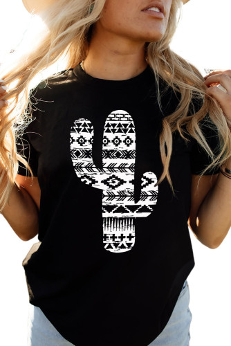 Black Western Aztec Cactus Graphic Print Crewneck T Shirt LC25217607-2