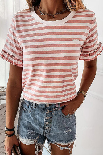 Pink Casual Striped Ruffle Sleeve Short Sleeve T-Shirt  LC2523318-10