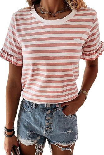 Pink Casual Striped Ruffle Sleeve Short Sleeve T-Shirt  LC2523318-10