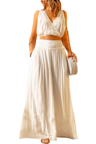 White V Neck Crop Tank Top and Wide Leg Pants Set LC624613-1