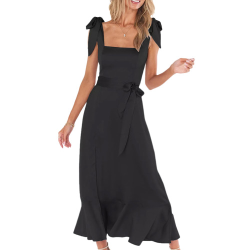 Black Square Neck Slit Midi Dress with Belt TQK311093-2
