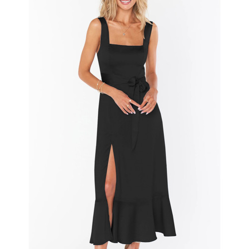 Black Square Neck Slit Midi Dress with Belt TQK311093-2