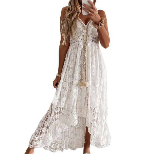White Lace Spaghetti Straps Swing Maxi Dress TQK311091-1